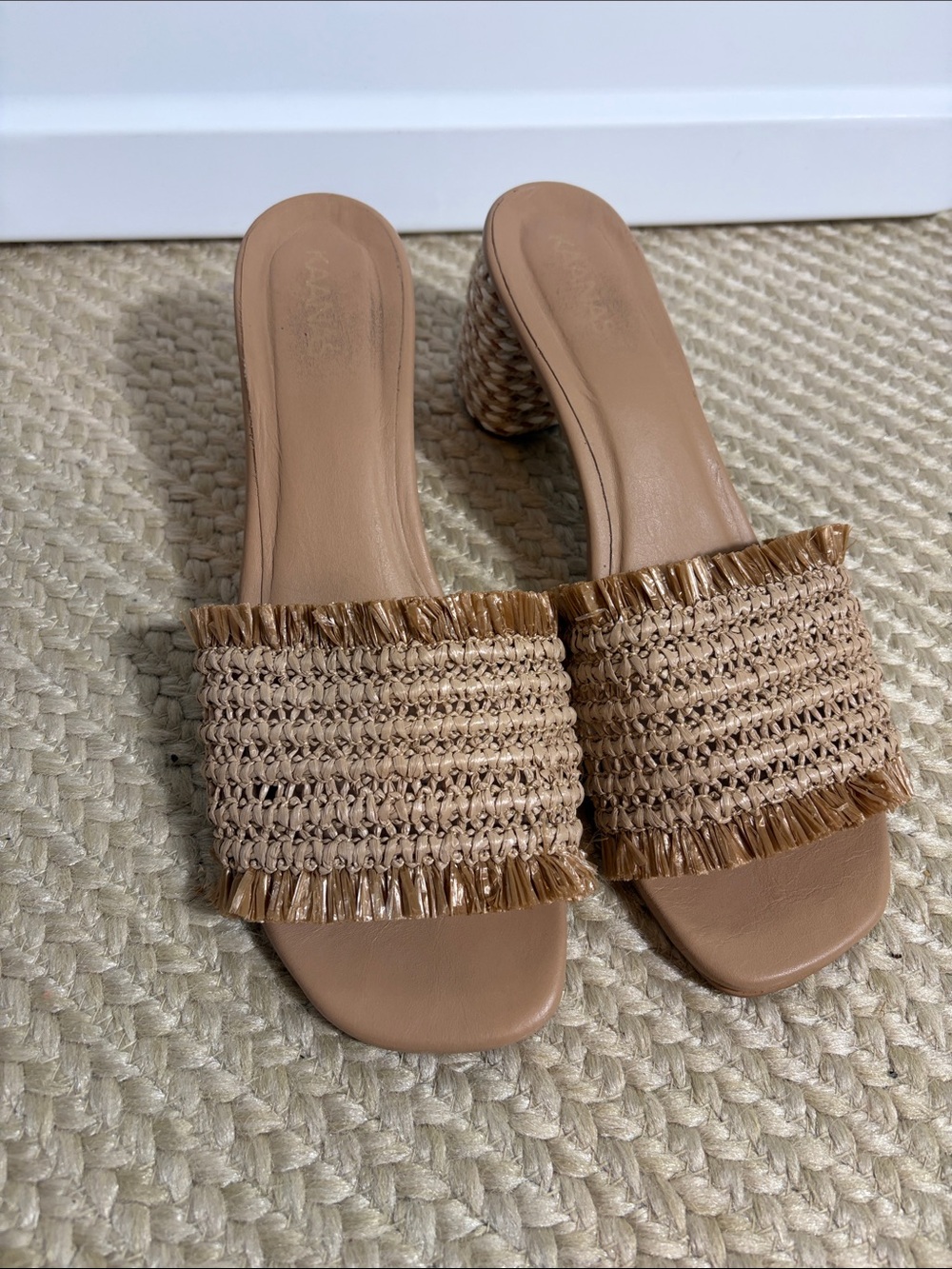 Woven Raffia Slide Heels in Tan Size 10